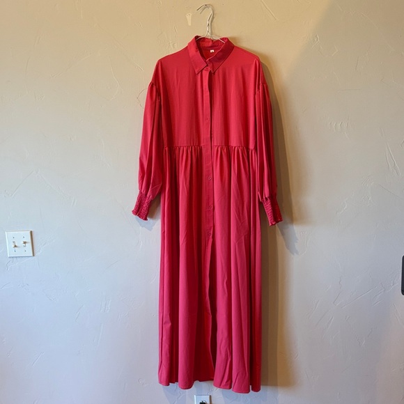 Dresses & Skirts - Women's Red Long Button-Front Shirt Dress